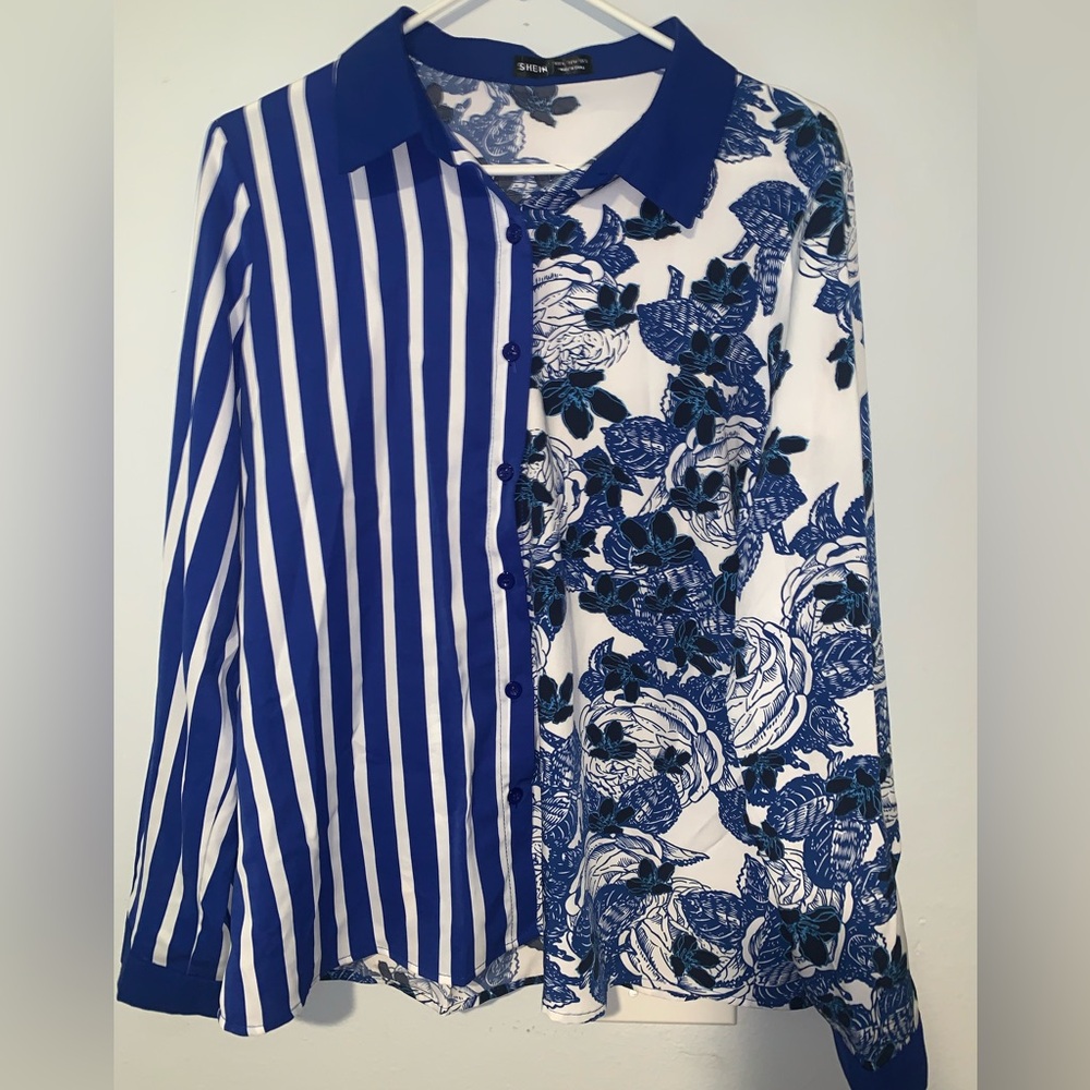 Striped floral print button up  blouse